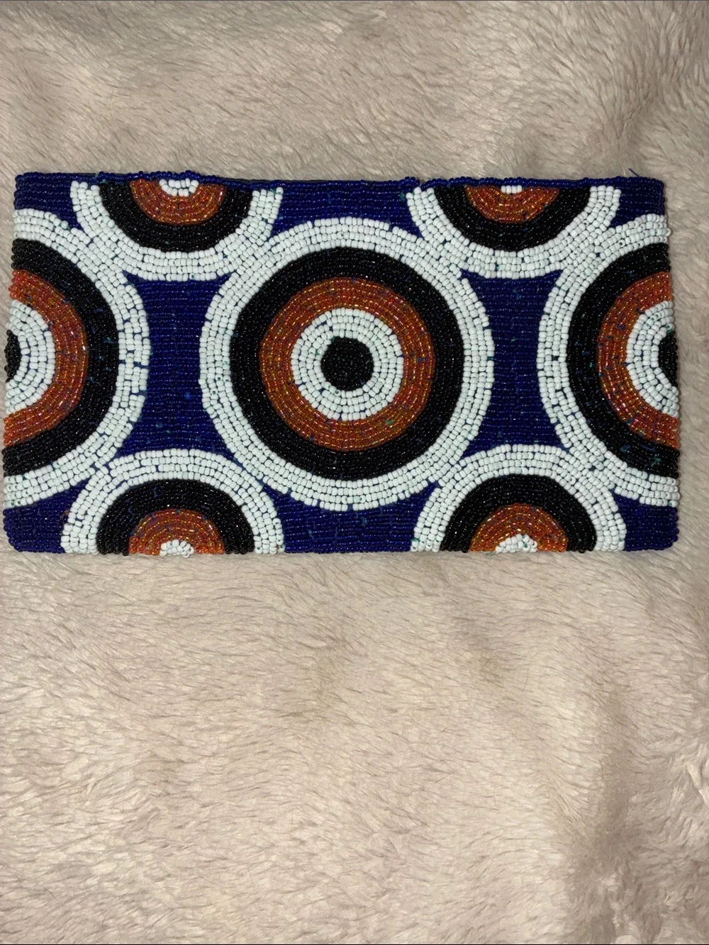 Beaded Geometric Circle Clutch - Blue, White, Black, Brown